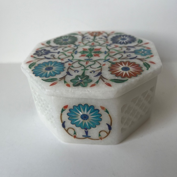 Octagon Marble Inlay Pietra Dura Art Jewelry Handcraft Handmade Box White Floral - Picture 7 of 15